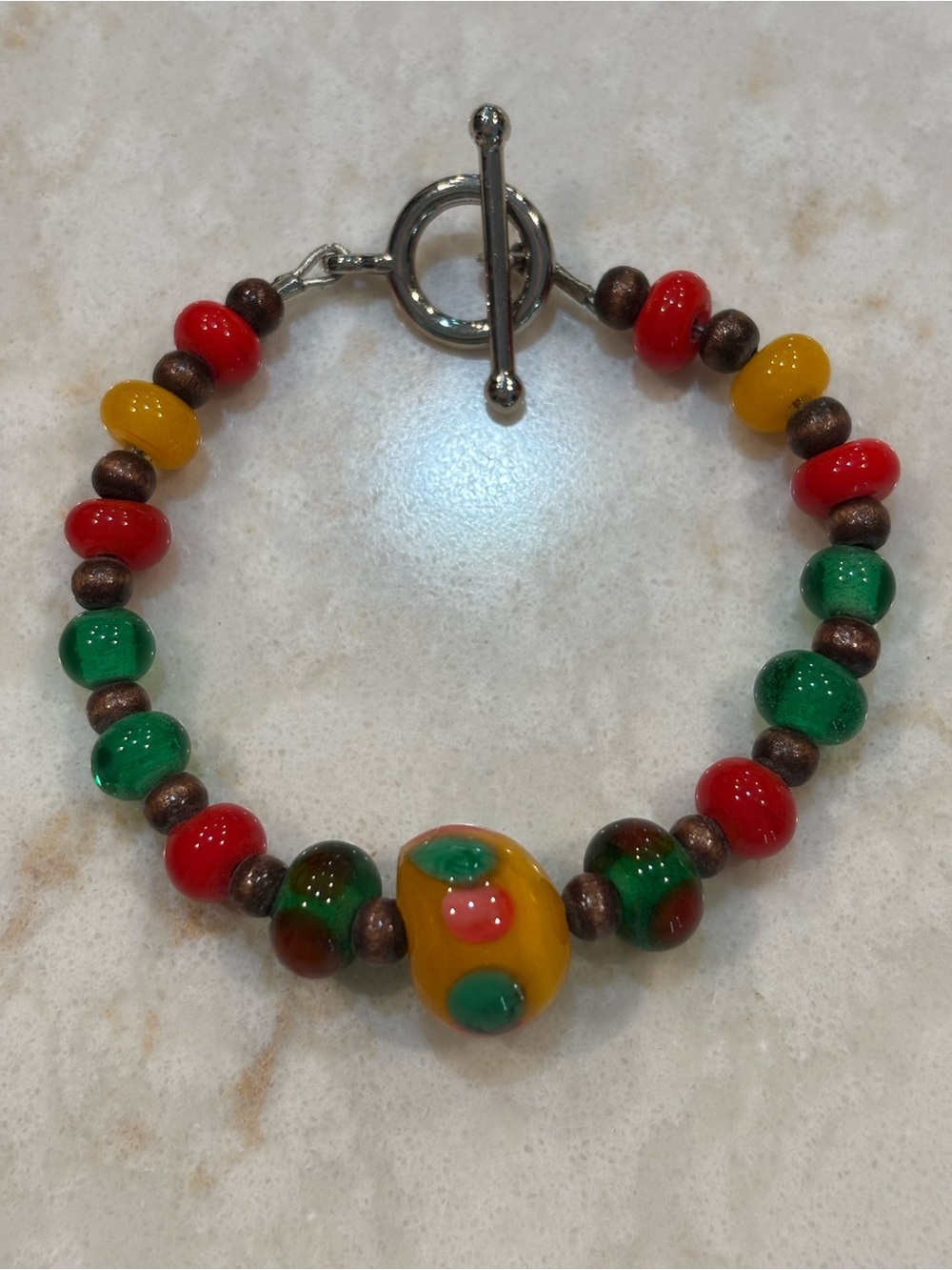 Colorful Glass Bead Toggle Bracelet - Red, Green, Yellow